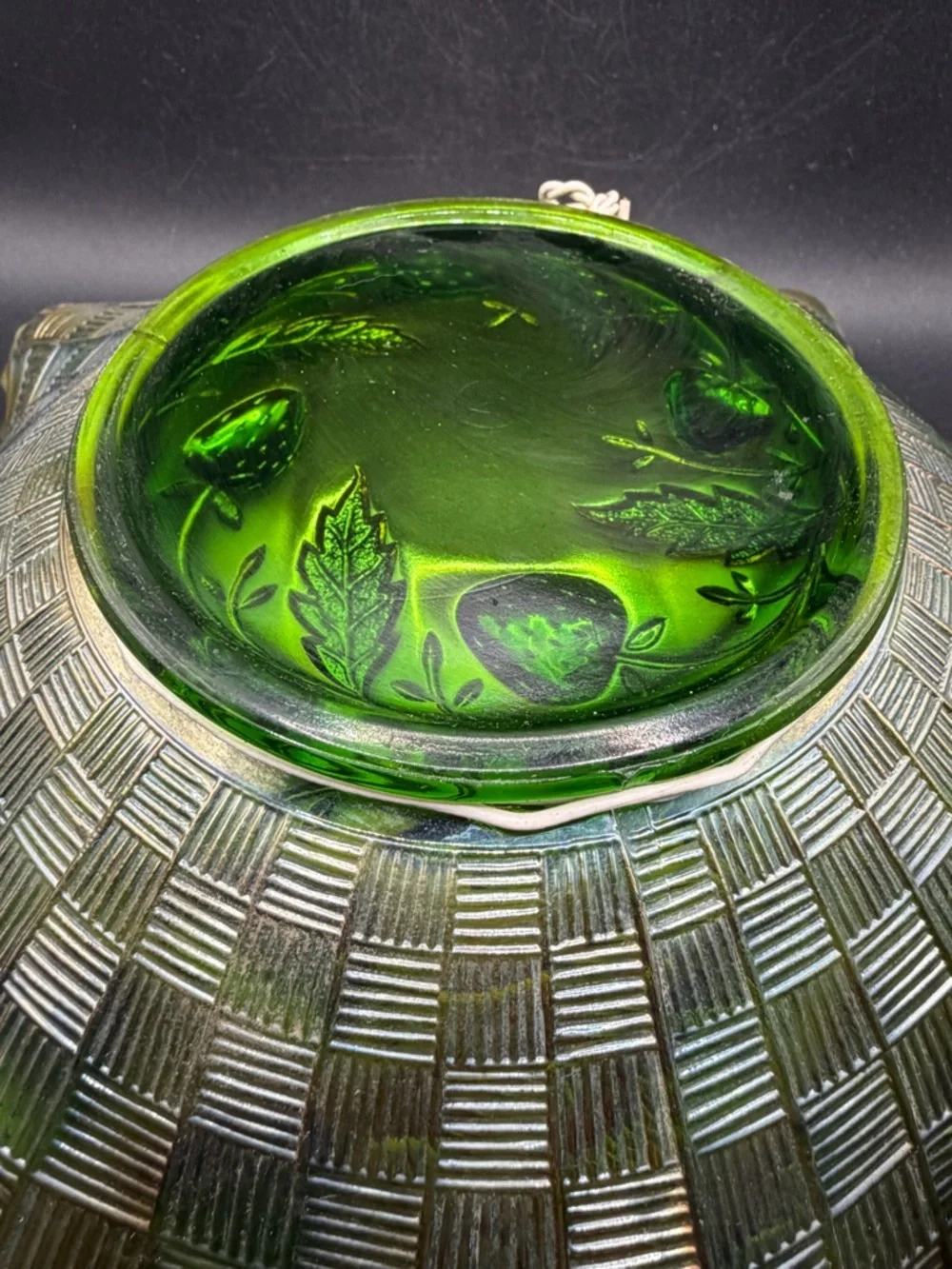 Northwood Antique Green Carnival Glass Strawberry Basketweave Ruffle Edge Bowl